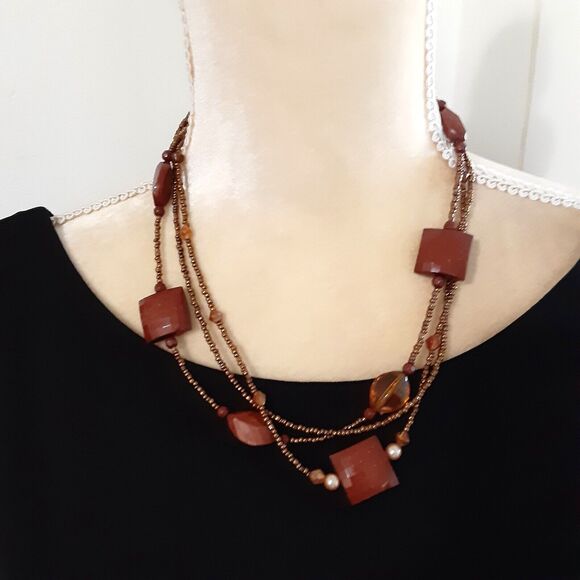 Delicate seed bead triple strand beaded necklace bronze tone 18" - Picture 2 of 3